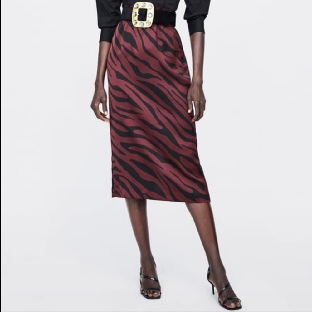 Zara Midi Skirt Maroon Black Zebra Print Satin Stretch Elastic Waist Pencil